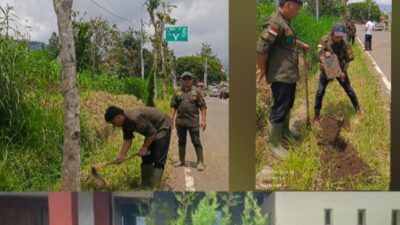 Wide-angle seluruh peserta penanaman (PPA BIRR, perangkat desa, perwakilan perusahaan, relawan) berdiri membentuk formasi setengah lingkaran di antara bibit Cemara Pecut yang siap tanam di Jalibar. Ekspresi penuh semangat.