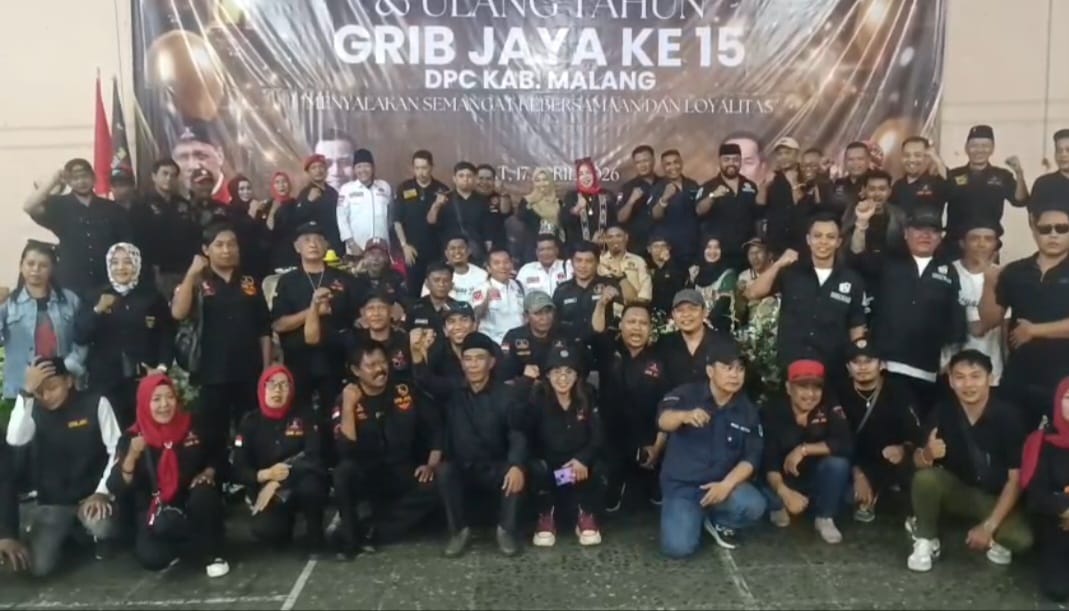 Suasana Halal Bihalal dan HUT ke-15 GRIB JAYA Kabupaten Malang di Hotel Eka Mandiri Sengkaling, Jumat (17/4/2026).